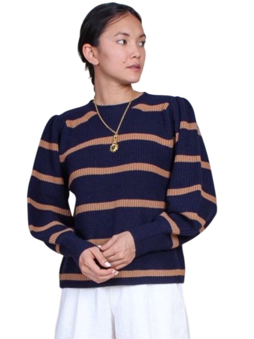 Apiece Apart Arne Puff Sleeve Striped Sweater Navy & Camel Ribbed Knit designer